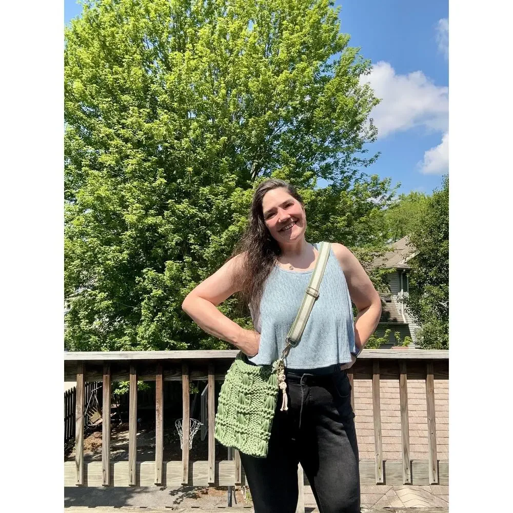 Hand Knit Avocado Green Crossbody Bag: T-Shirt Yarn Purse with Guitar Strap